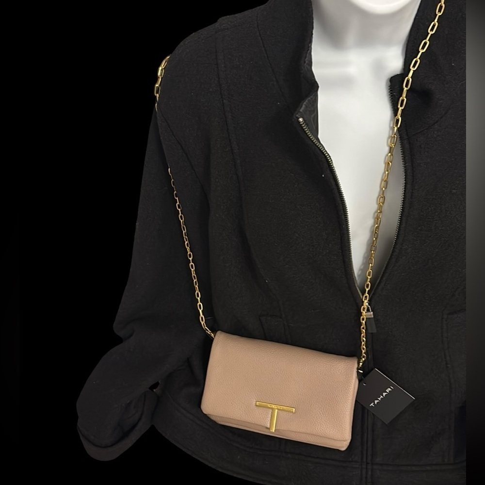 Tahari Taupe Earth vegan leather T Logo Chain crossbody  bag